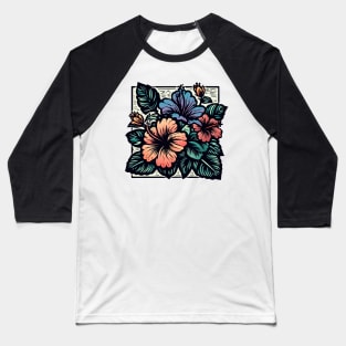 Bright Tropical Hibiscus Flower Woodcut Design Baseball T-Shirt